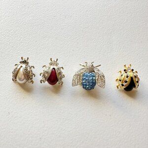 Rhinestone Fly Beatle Bug Hat Scarf Pins Lapel Clips Set of 4 Art to Wear Boho